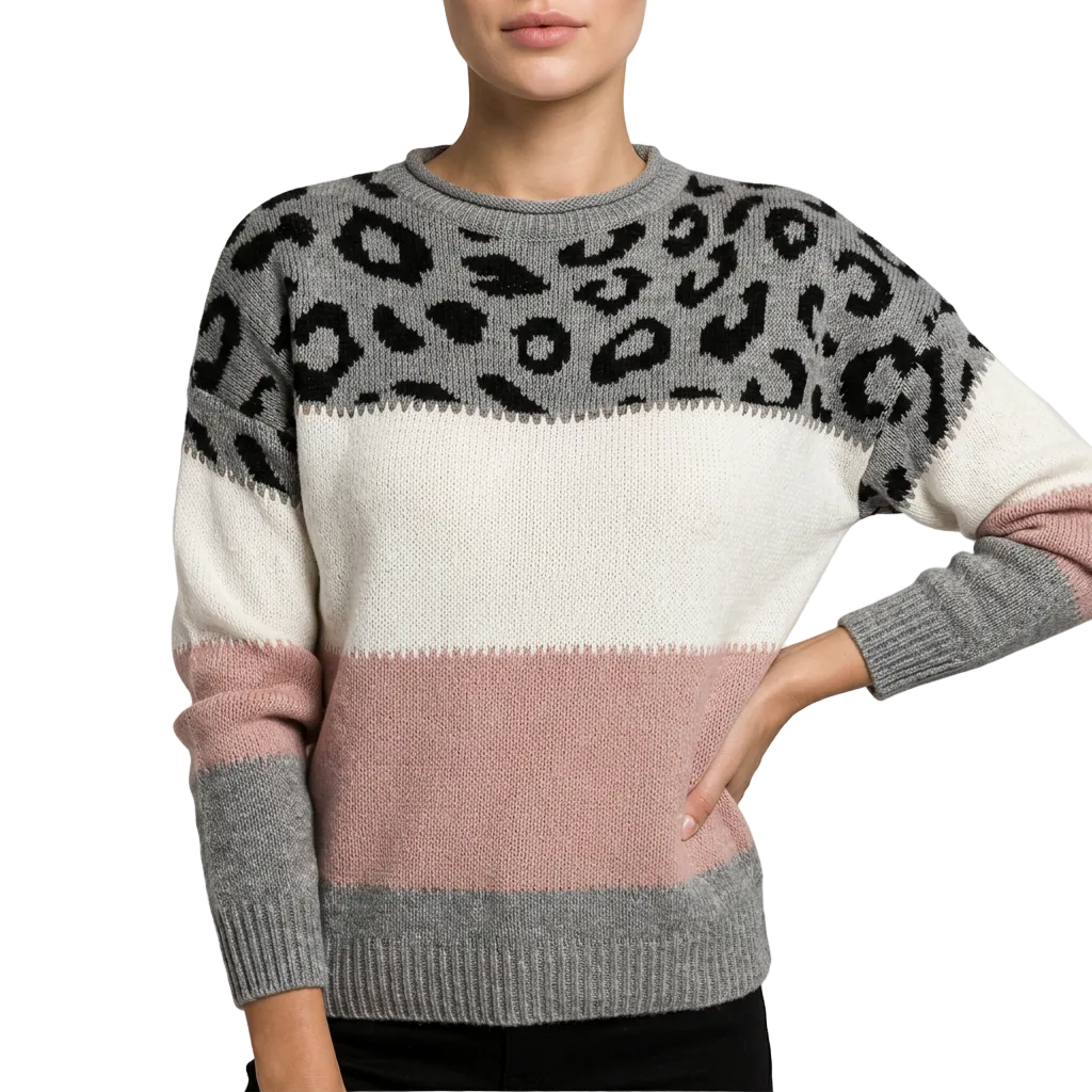 Women’s Sweater Leopard Print Color Block Horizontal Panel Design