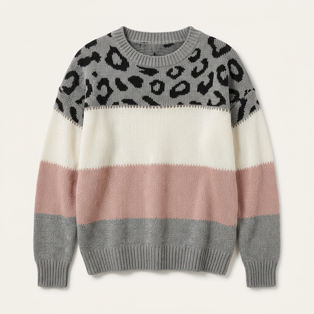 Women’s Sweater Leopard Print Color Block Horizontal Panel Design
