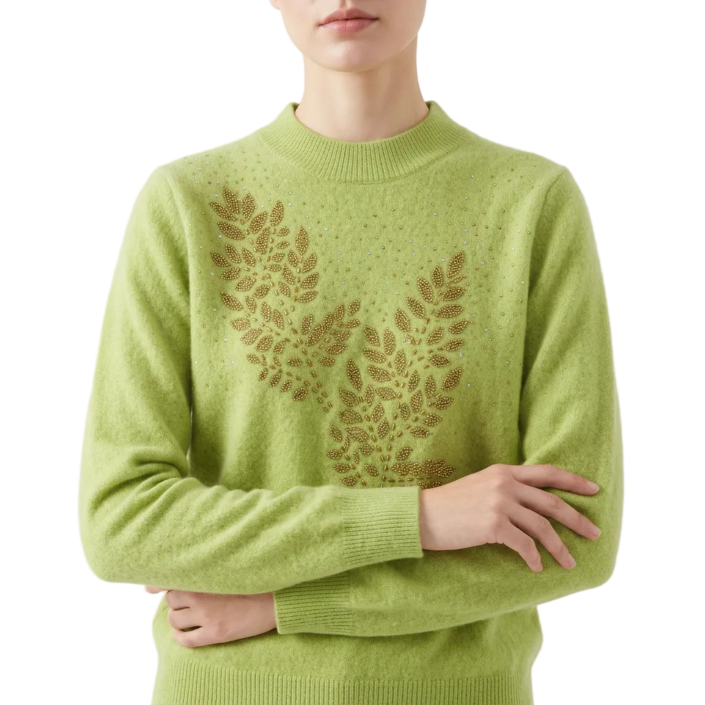 Women’s Sweater Mock Neckline Bead Embellished Leaf Design