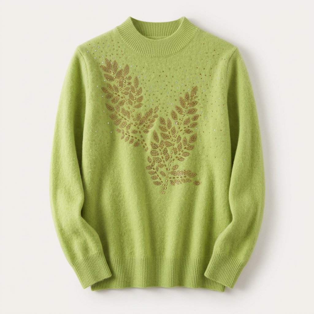 Women’s Sweater Mock Neckline Bead Embellished Leaf Design