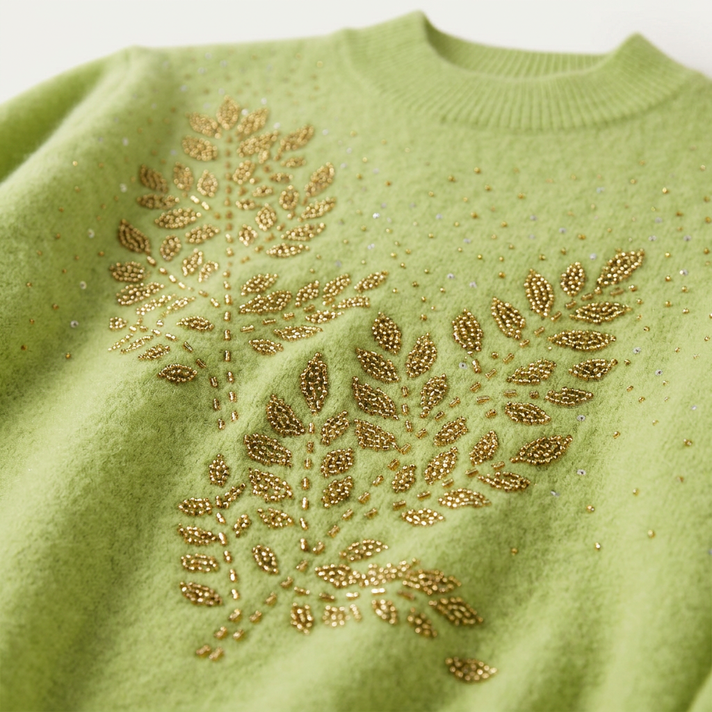 Women’s Sweater Mock Neckline Bead Embellished Leaf Design