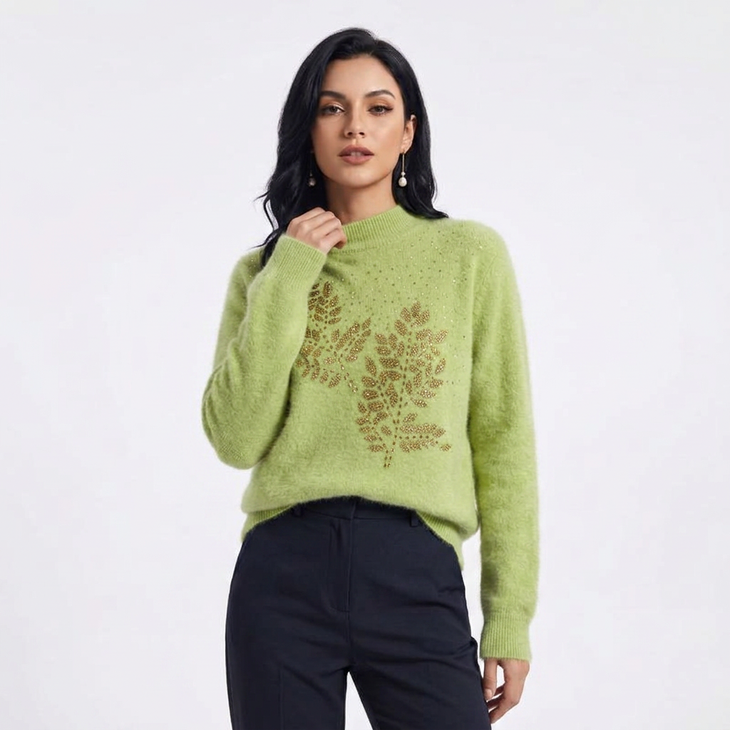 Women’s Sweater Mock Neckline Bead Embellished Leaf Design