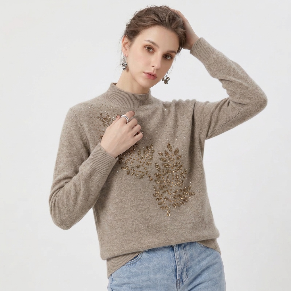 Women’s Sweater Mock Neckline Bead Embellished Leaf Design
