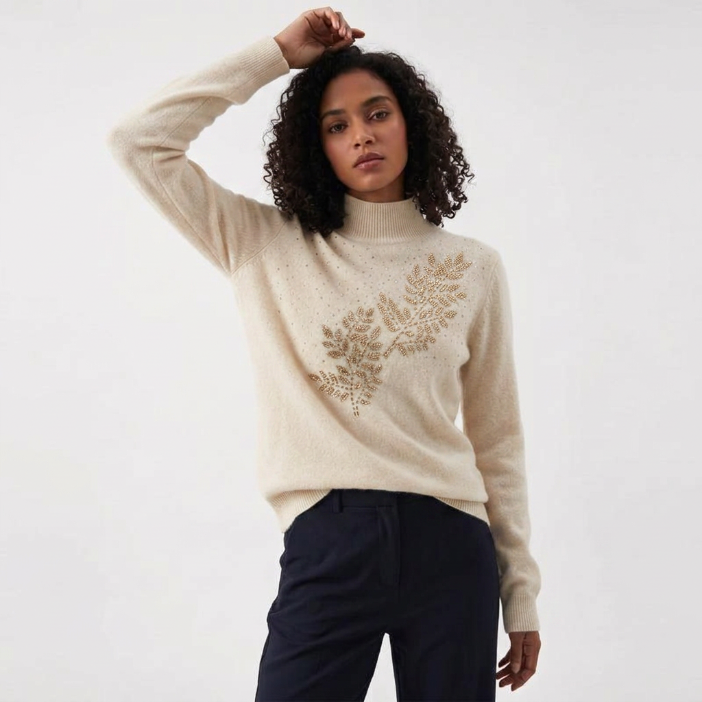 Women’s Sweater Mock Neckline Bead Embellished Leaf Design