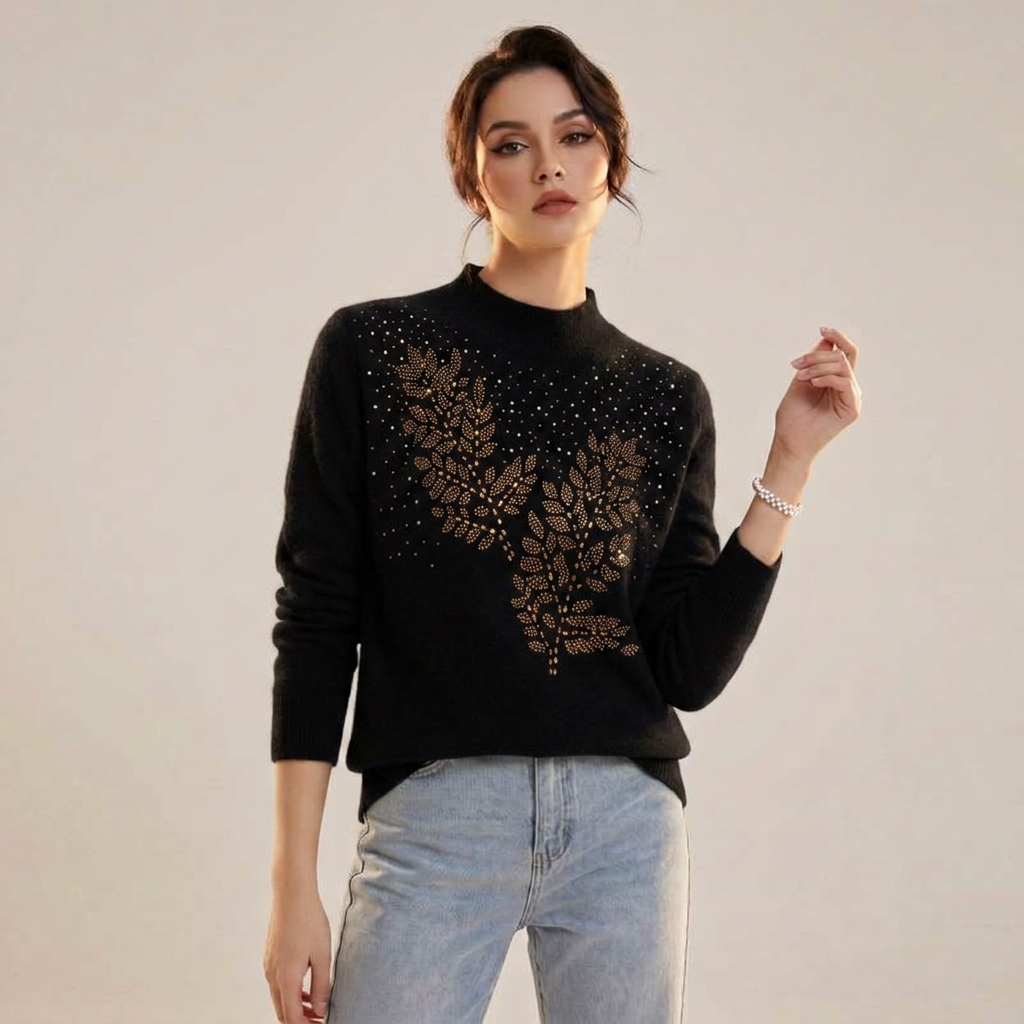 Women’s Sweater Mock Neckline Bead Embellished Leaf Design