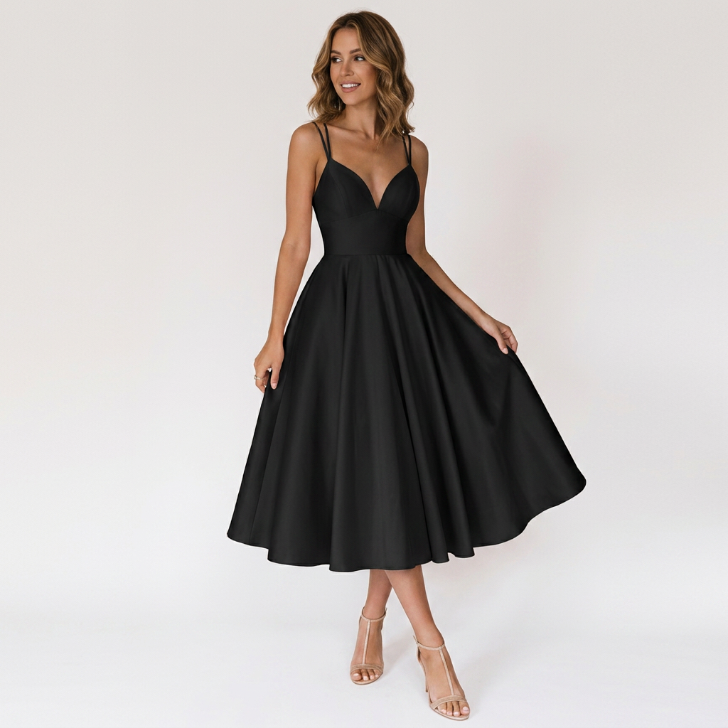 Women's V-Neck Double Strap Pleated Midi Dress