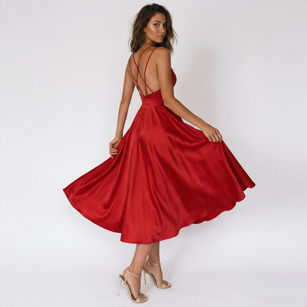 Women's V-Neck Double Strap Pleated Midi Dress