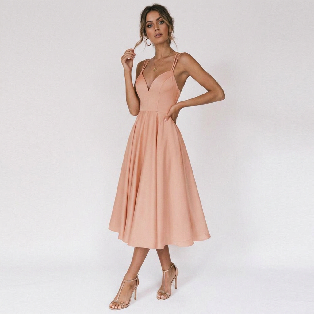 Women's V-Neck Double Strap Pleated Midi Dress