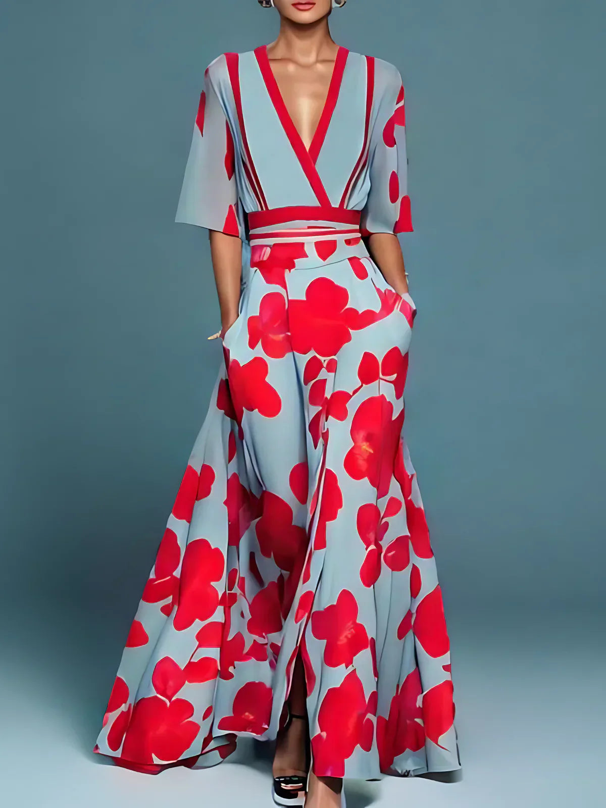 Maine | Elegant Floral V-Neck Long Dress 0