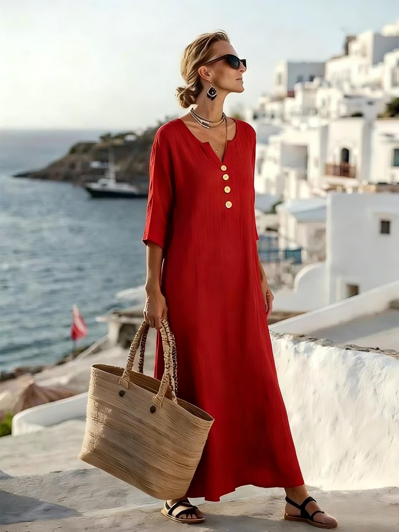 Women's Cotton Linen Button-Down Dress with 3/4 Sleeves, Loose Fit, Elegant 2