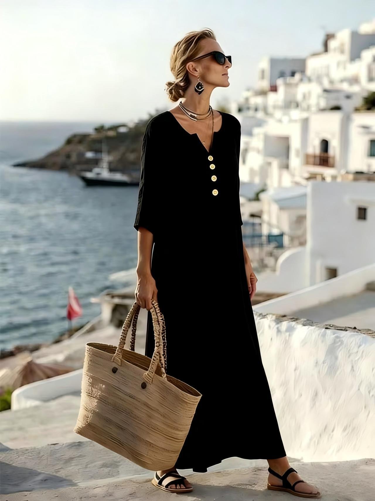 Women's Cotton Linen Button-Down Dress with 3/4 Sleeves, Loose Fit, Elegant 0
