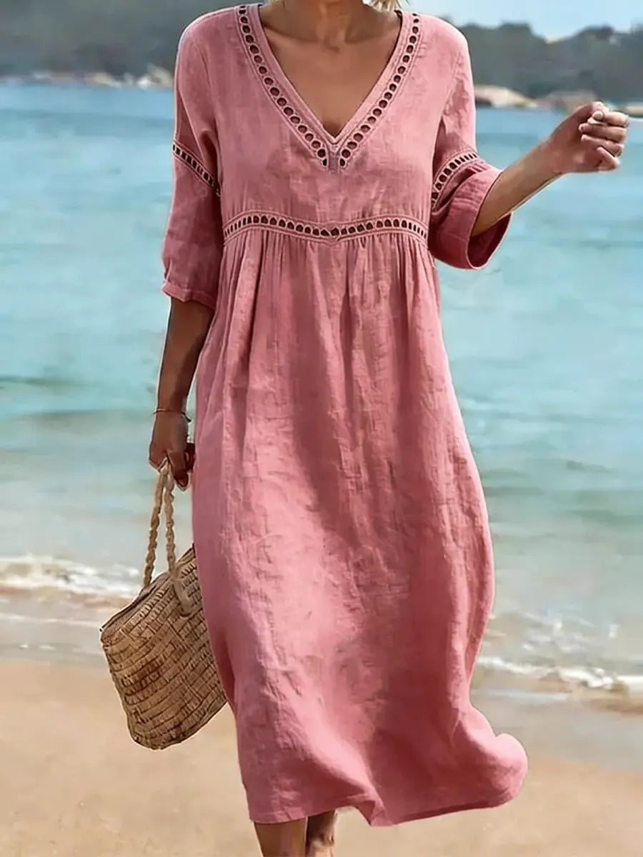 Women's Cotton Dress, V-Neck, Flowy Cut, Casual Elegant Style 5