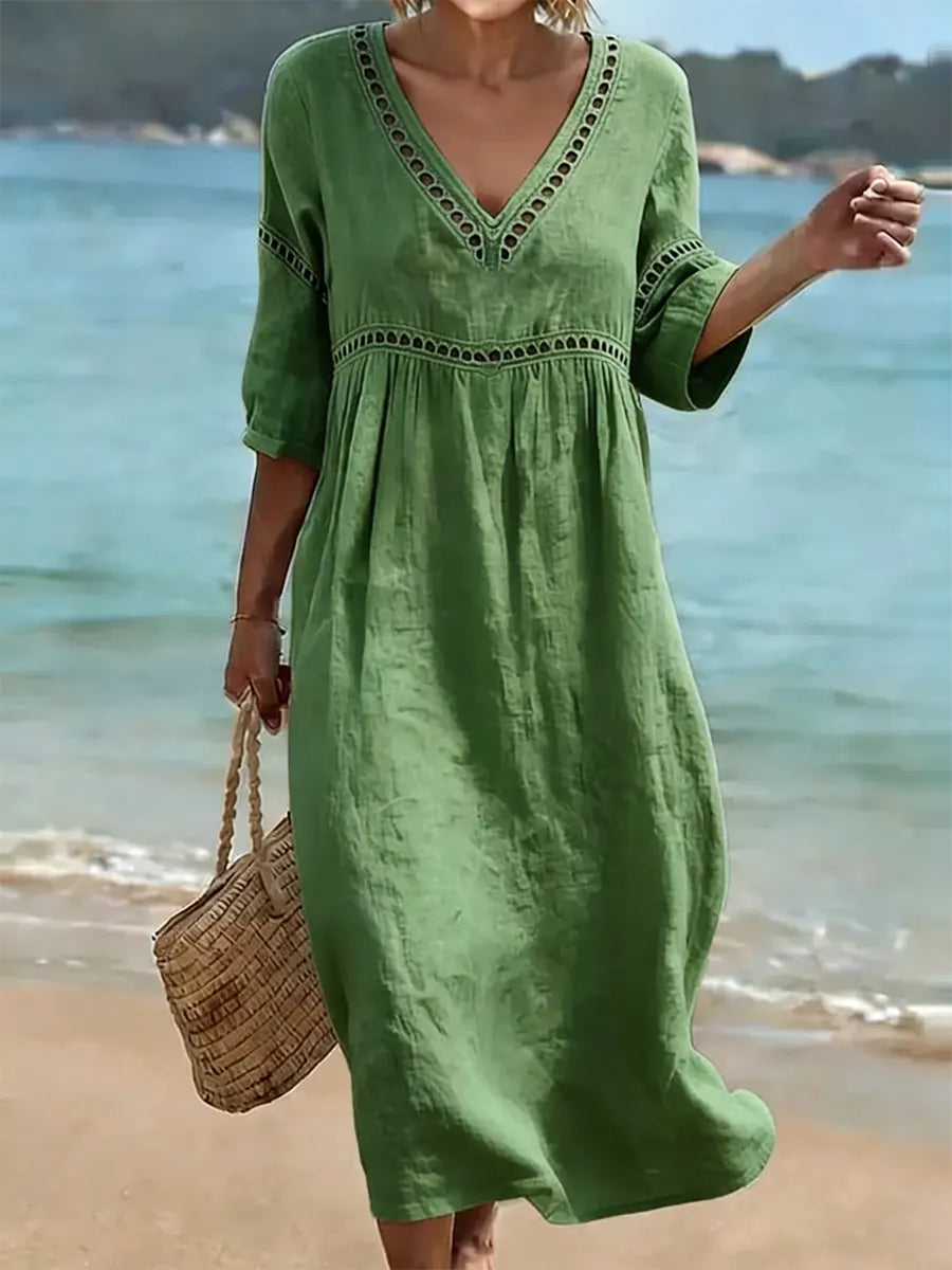 Women's Cotton Dress, V-Neck, Flowy Cut, Casual Elegant Style 0
