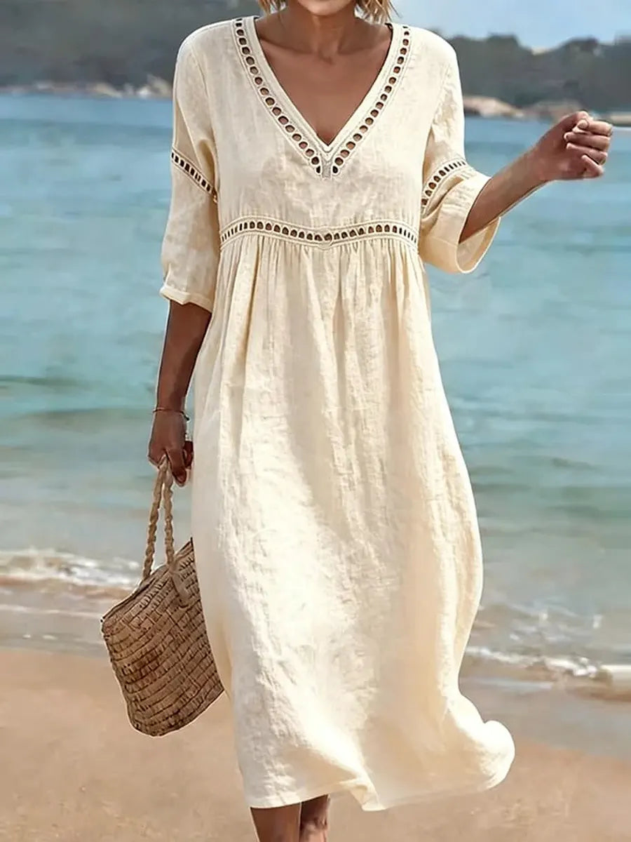 Women's Cotton Dress, V-Neck, Flowy Cut, Casual Elegant Style 1