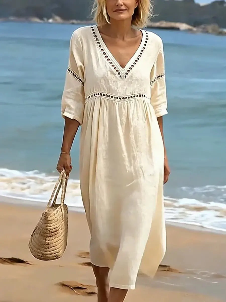 Women's Cotton Dress, V-Neck, Flowy Cut, Casual Elegant Style 2