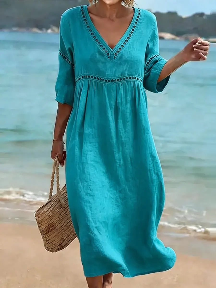 Women's Cotton Dress, V-Neck, Flowy Cut, Casual Elegant Style 3