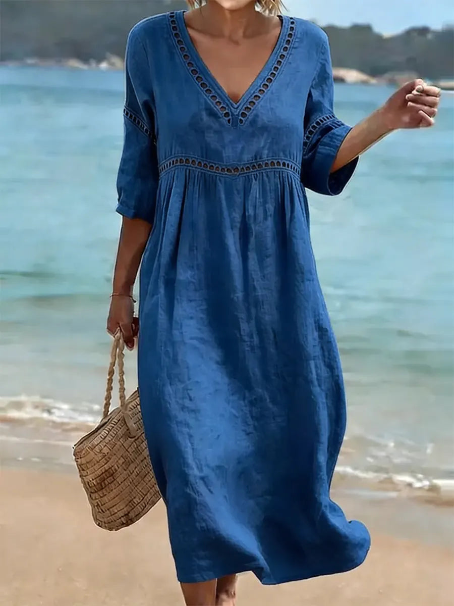 Women's Cotton Dress, V-Neck, Flowy Cut, Casual Elegant Style 4