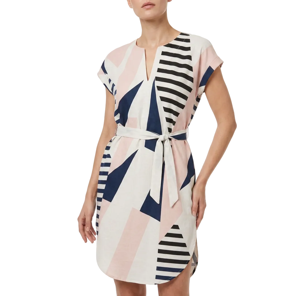 Women's V-Neck Short Sleeve Print Midi Dress with Waist Tie