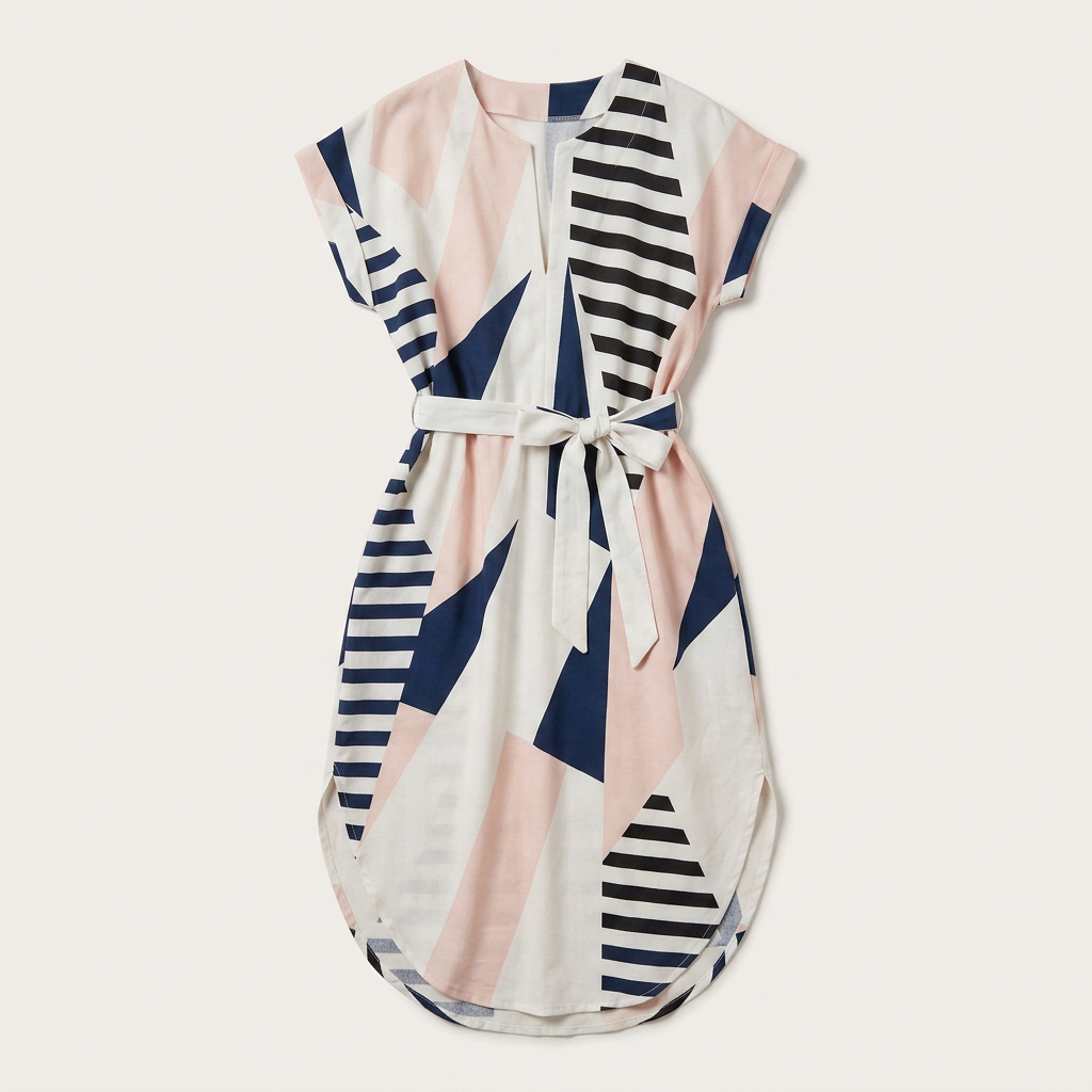 Women's V-Neck Short Sleeve Print Midi Dress with Waist Tie