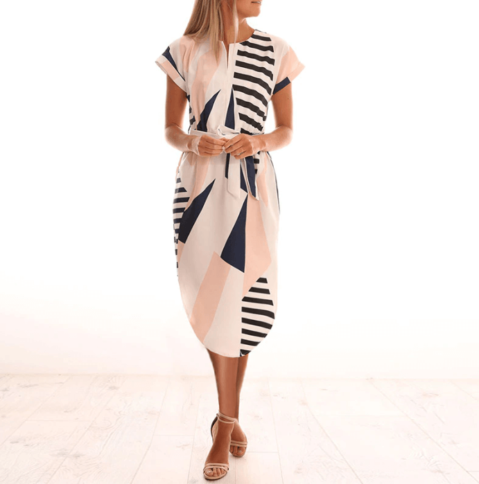 Trendy asymmetrical women's midi dress with print and waistbelt – Elira 1