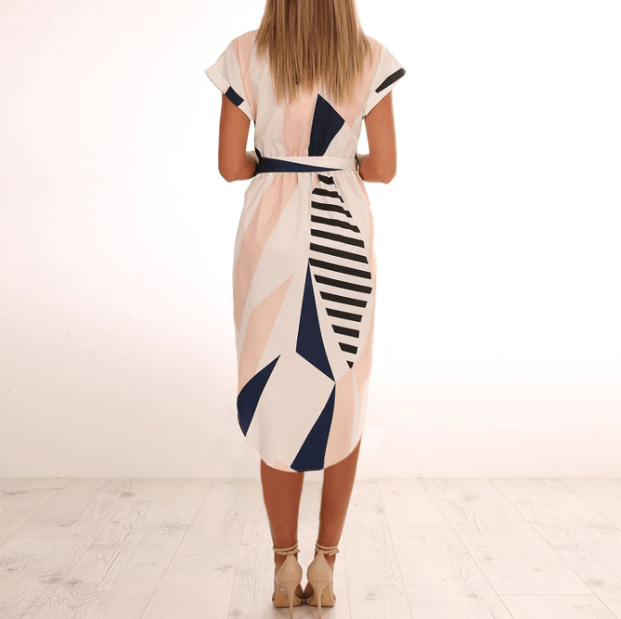 Trendy asymmetrical women's midi dress with print and waistbelt – Elira 2