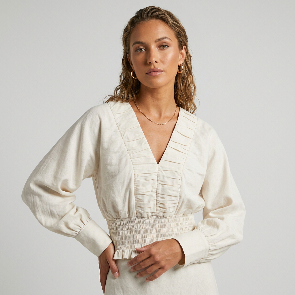 Women's V-Neck Smocked Waist Ruched Blouse