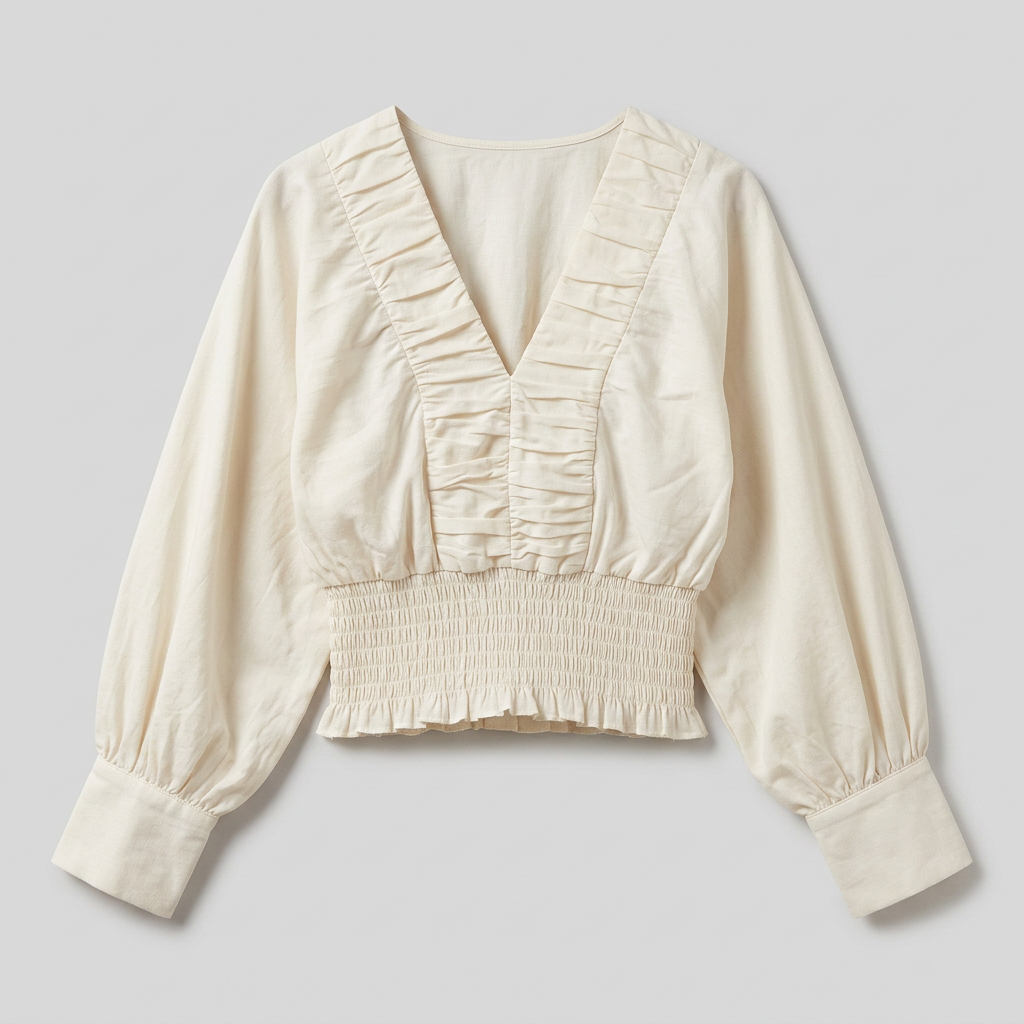 Women's V-Neck Smocked Waist Ruched Blouse