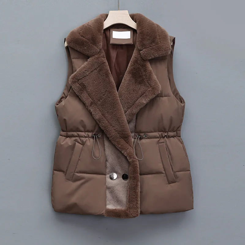 Isla Quilted Collared Puffer Vest | Fur Trim Drawstring Vest 2