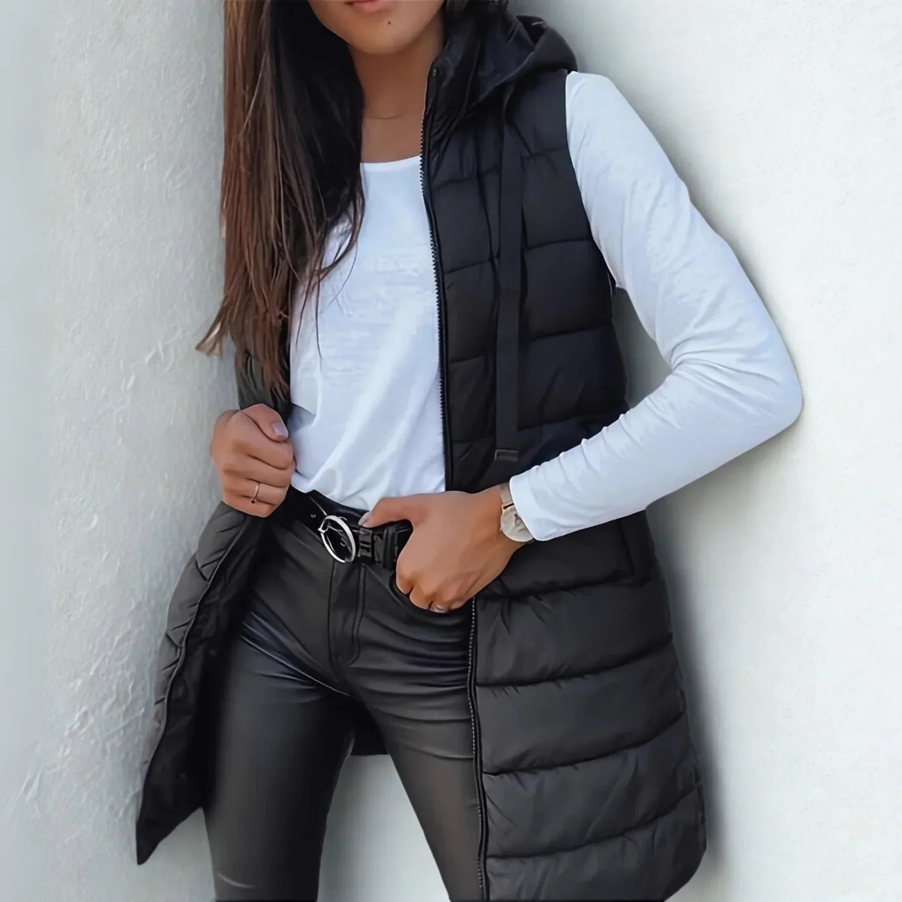 Women’s Quilted Longline Hooded Vest with Zipper 0