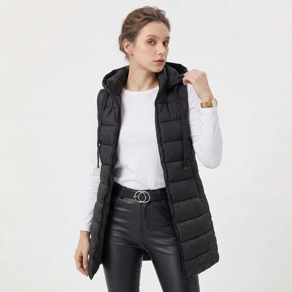 Women’s Vest Sleeveless Long Outerwear with Adjustable Drawcords