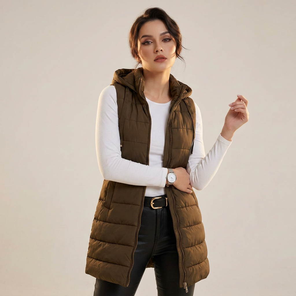 Women’s Vest Sleeveless Long Outerwear with Adjustable Drawcords