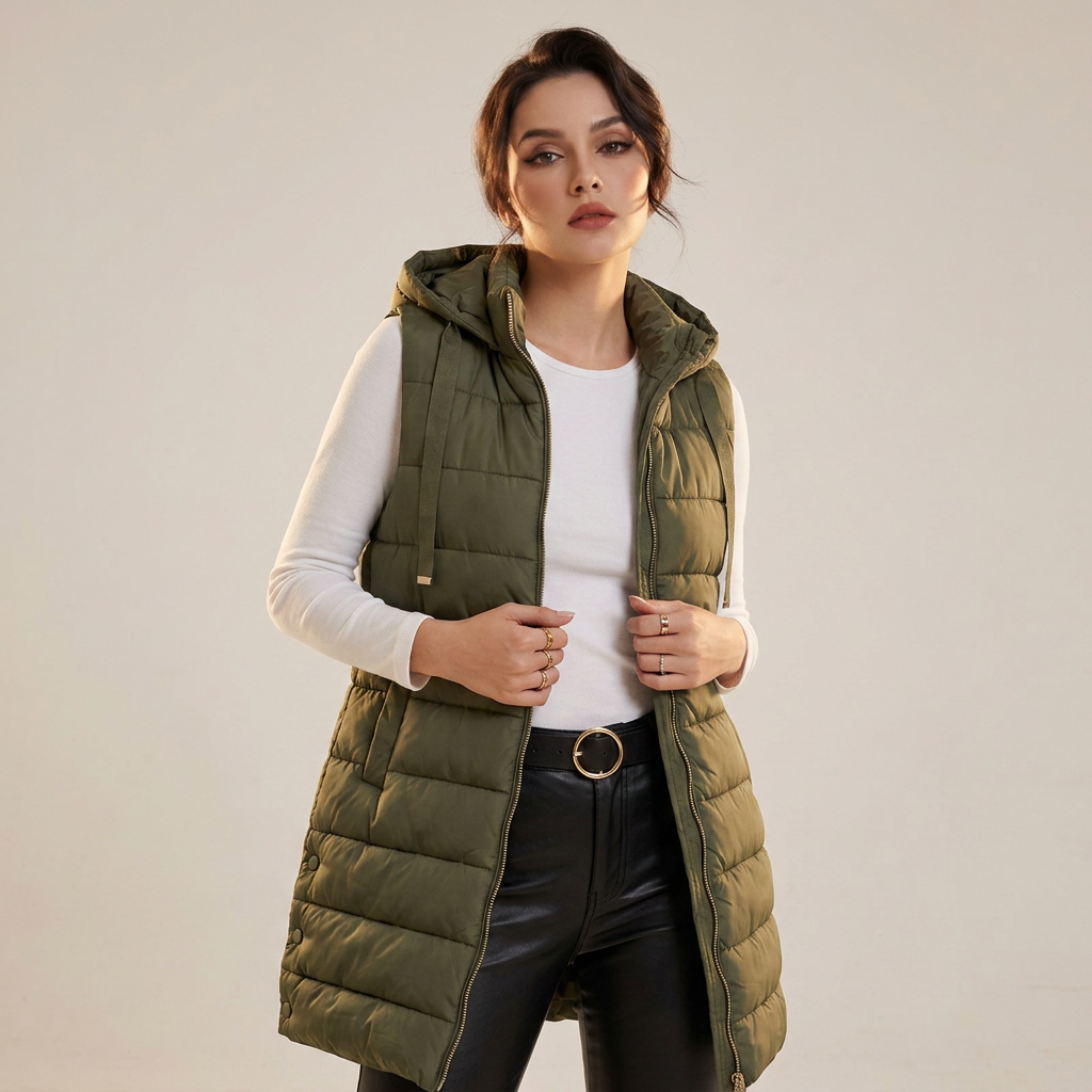 Women’s Vest Sleeveless Long Outerwear with Adjustable Drawcords