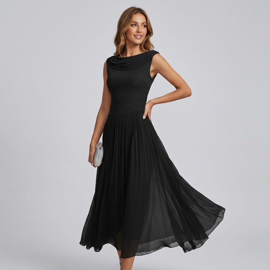 Ärmelloses Damen-Midikleid mit drapiertem Wasserfallausschnitt und Plisseefalten