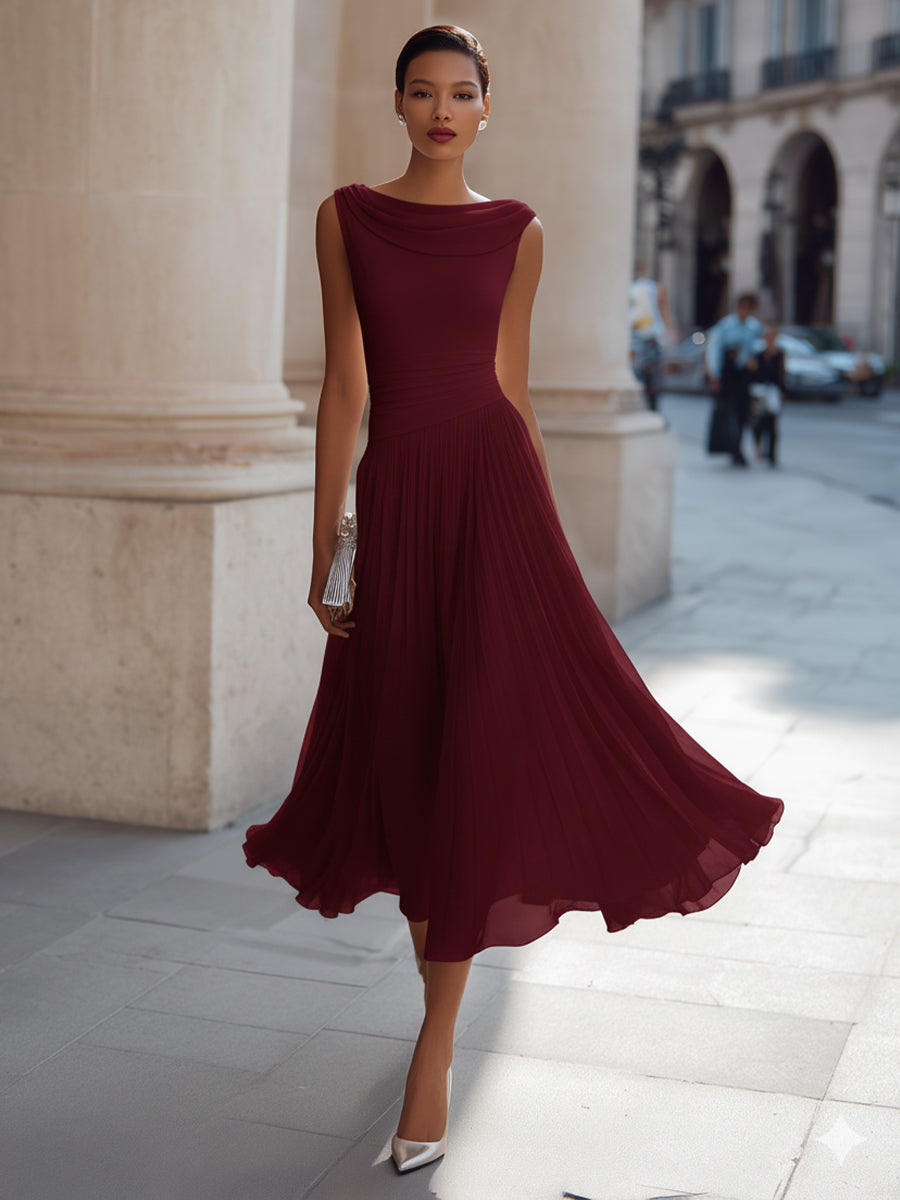 Isoline | Draped Cowl-Neck Womens Pleated Midi Dress Sleeveless 5