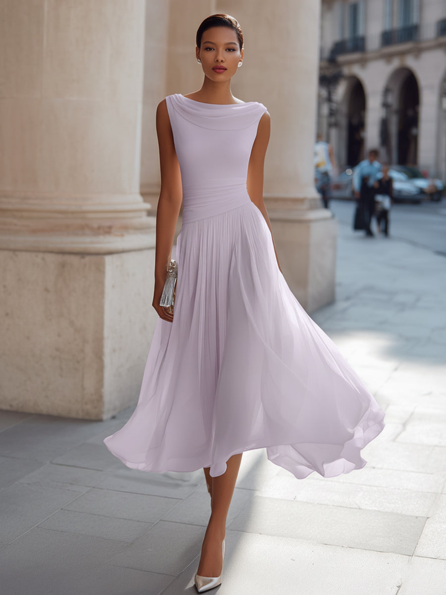 Isoline | Draped Cowl-Neck Womens Pleated Midi Dress Sleeveless 6