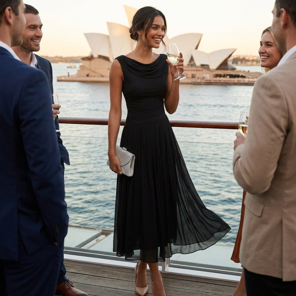 Ärmelloses Damen-Midikleid mit drapiertem Wasserfallausschnitt und Plisseefalten