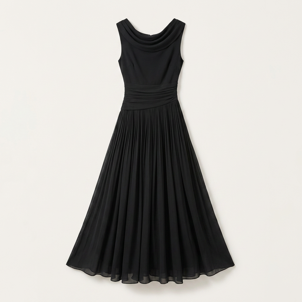 Womens Draped Cowl-Neck Pleated Midi Dress Sleeveless