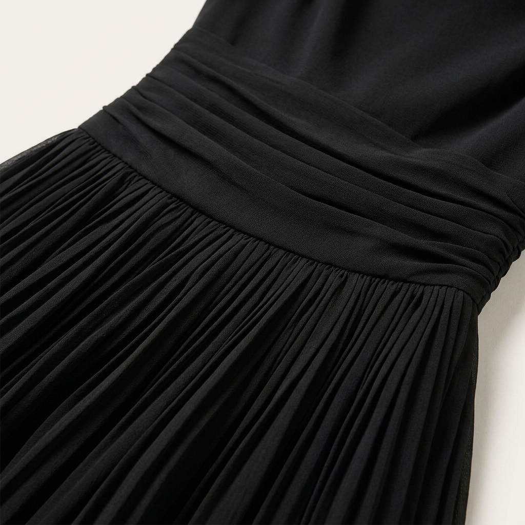 Ärmelloses Damen-Midikleid mit drapiertem Wasserfallausschnitt und Plisseefalten