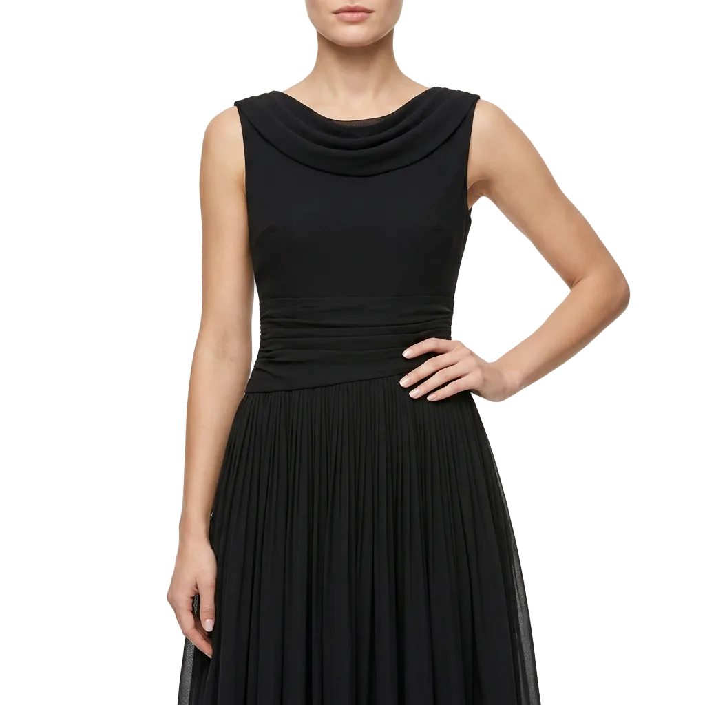 Ärmelloses Damen-Midikleid mit drapiertem Wasserfallausschnitt und Plisseefalten