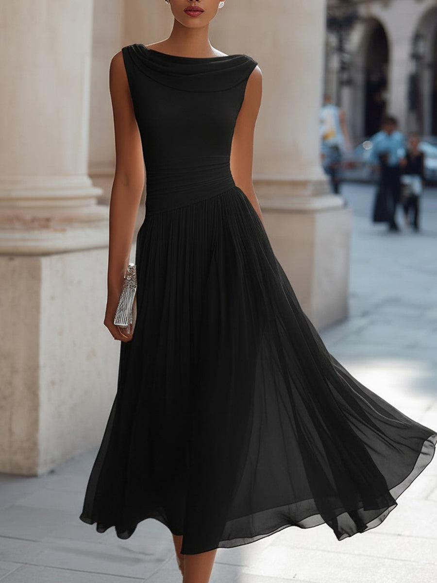 Isoline | Draped Cowl-Neck Womens Pleated Midi Dress Sleeveless 0