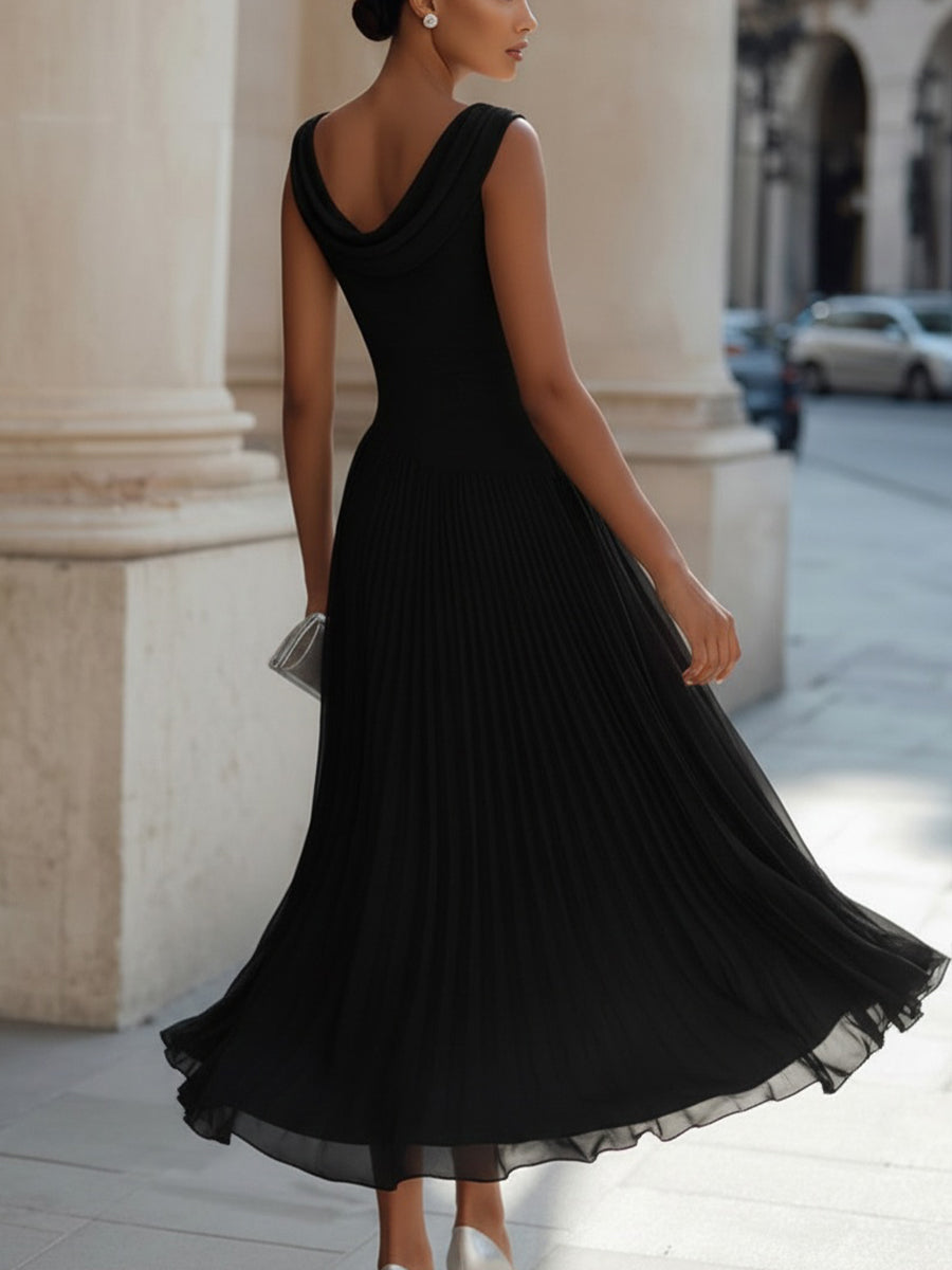 Isoline | Draped Cowl-Neck Womens Pleated Midi Dress Sleeveless 2