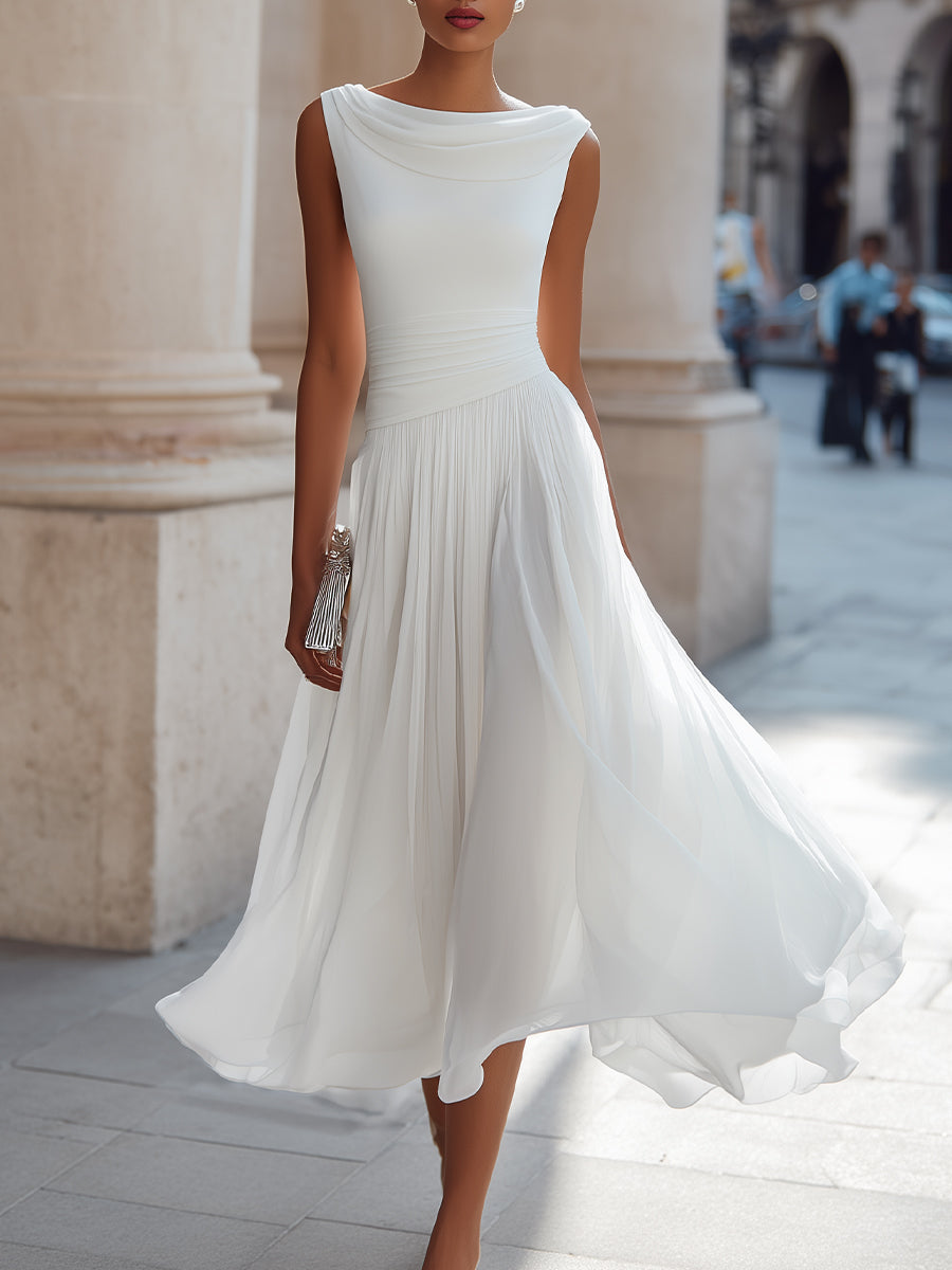 Isoline | Draped Cowl-Neck Womens Pleated Midi Dress Sleeveless 1