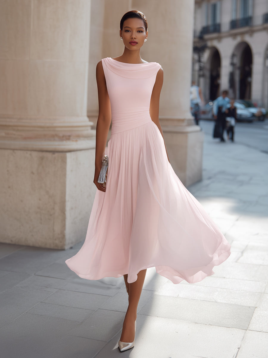 Isoline | Draped Cowl-Neck Womens Pleated Midi Dress Sleeveless 3