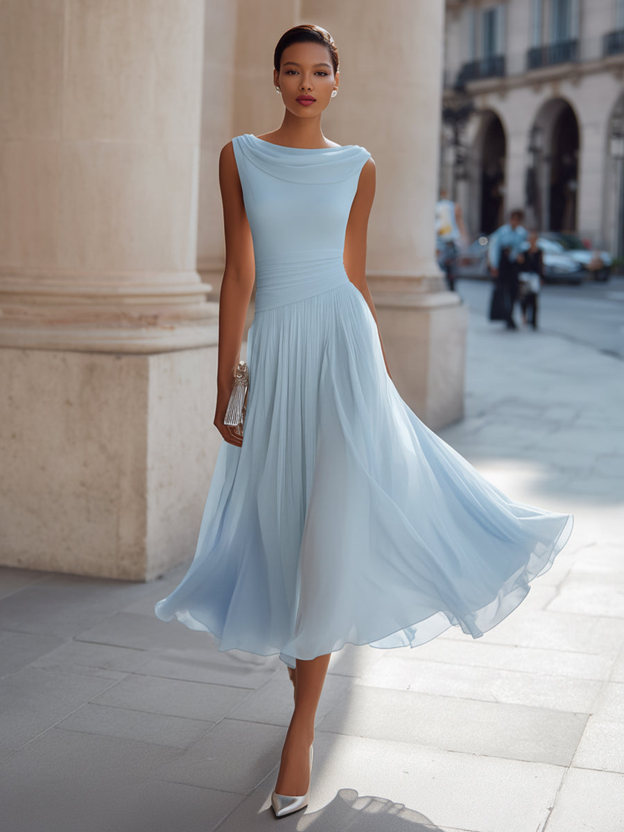 Isoline | Draped Cowl-Neck Womens Pleated Midi Dress Sleeveless 4