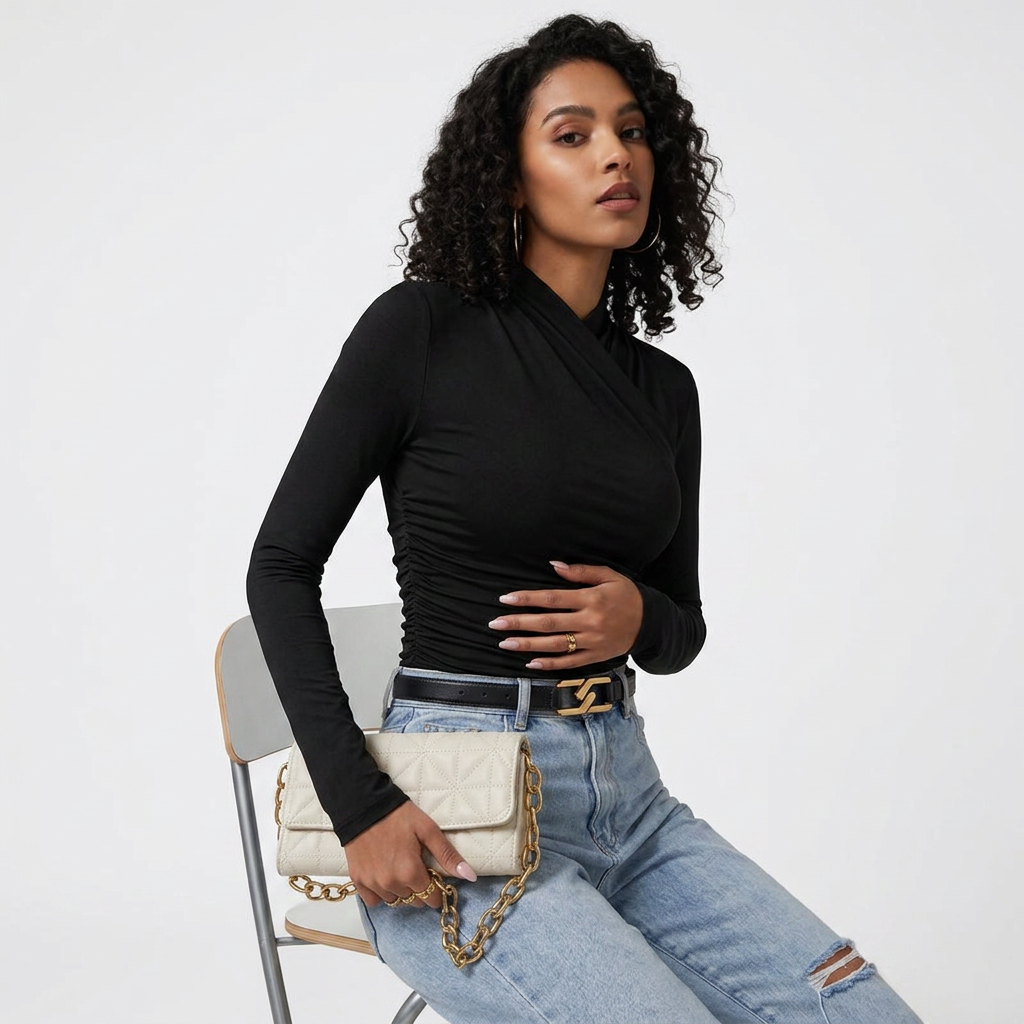Womens High Neck Crossover Long Sleeve Top