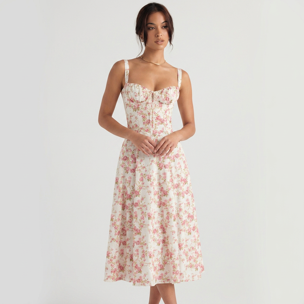 Women's Bustier Corset Midi Dress Boning Tie Front Skirt
